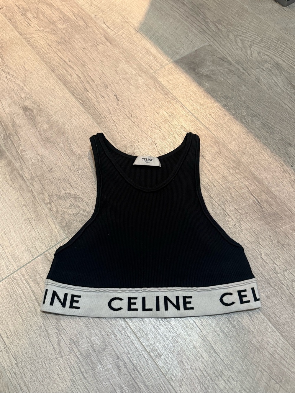 Celine Black Ribbed Logo Crop Bra with Cream Band